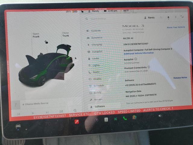 2022 Tesla Model 3 მანქანა იყიდება აუქციონზე, vin: 5YJ3E1EB7NF133457, აუქციონის ნომერი: 82008175