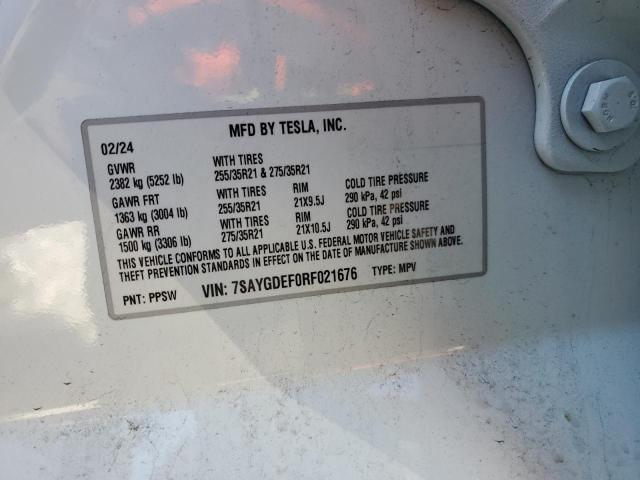 81238095 :رقم المزاد ، 7SAYGDEF0RF021676 vin ، 2024 Tesla Model Y مزاد بيع