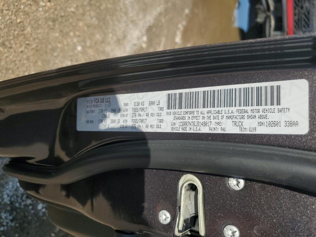 89854535 :رقم المزاد ، 1C6RR7NT6JS149017 vin ، 2018 Ram 1500 مزاد بيع