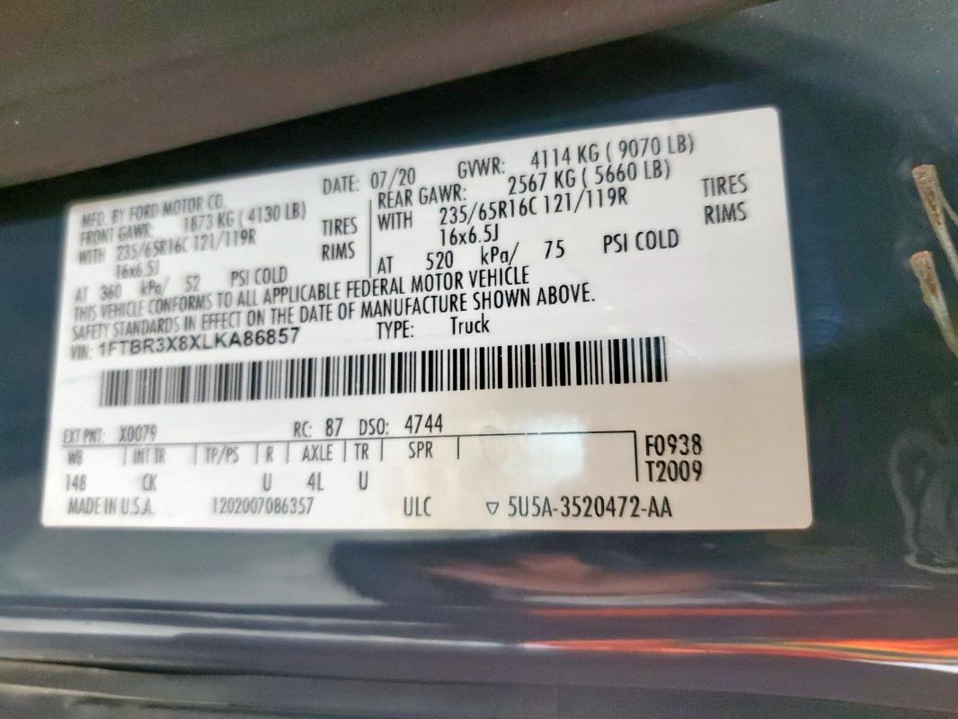 2020 Ford Transit T- მანქანა იყიდება აუქციონზე, vin: 1FTBR3X8XLKA86857, აუქციონის ნომერი: 86109605