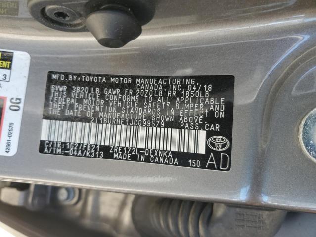 89926905 :رقم المزاد ، 2T1BURHE1JC099579 vin ، 2018 Toyota Corolla L مزاد بيع
