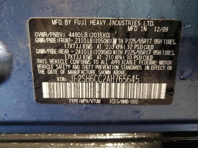 2010 Subaru Forester მანქანა იყიდება აუქციონზე, vin: JF2SH6CC2AH765645, აუქციონის ნომერი: 89469265