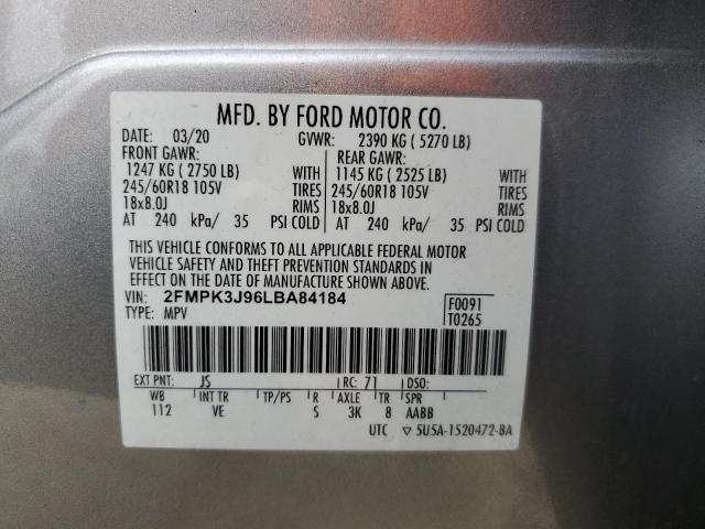 82773295 :رقم المزاد ، 2FMPK3J96LBA84184 vin ، 2020 Ford Edge Sel مزاد بيع
