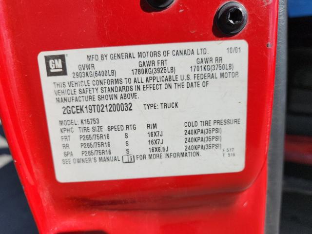2002 Chevrolet Silverado მანქანა იყიდება აუქციონზე, vin: 2GCEK19T021200032, აუქციონის ნომერი: 84865555