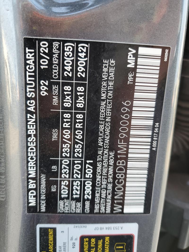 Aukcja sprzedaży 2021 Mercedes-benz Glc, vin: W1N0G8DB1MF900696, numer aukcji: 89565455