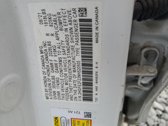 2022 Honda Civic Lx მანქანა იყიდება აუქციონზე, vin: 2HGFE2F23NH520505, აუქციონის ნომერი: 86499235