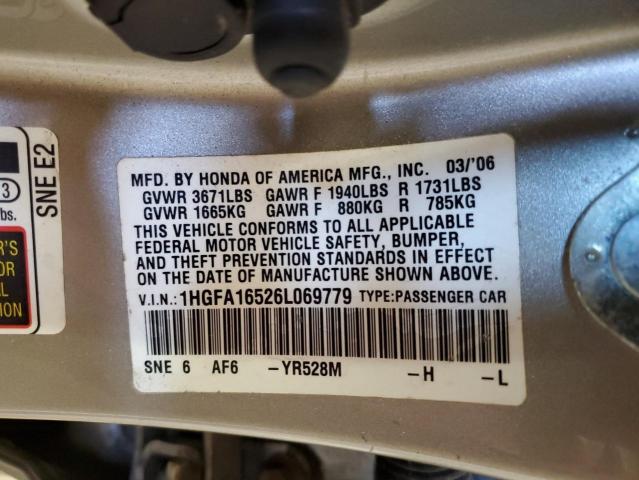 90521415 :رقم المزاد ، 1HGFA16526L069779 vin ، 2006 Honda Civic Lx مزاد بيع