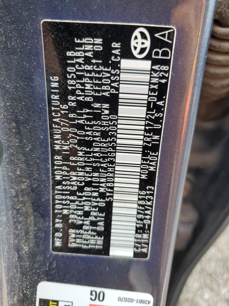 Продаж на аукціоні авто 2016 Toyota Corolla, vin: 5YFBURHE3GP553050, номер лоту: 86085195