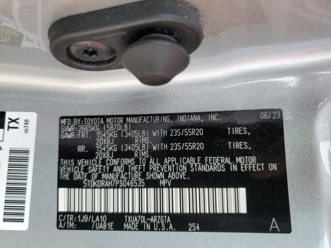 Продажа на аукционе авто 2023 Toyota Highlander, vin: 5TDKDRAH7PS046535, номер лота: 86895765