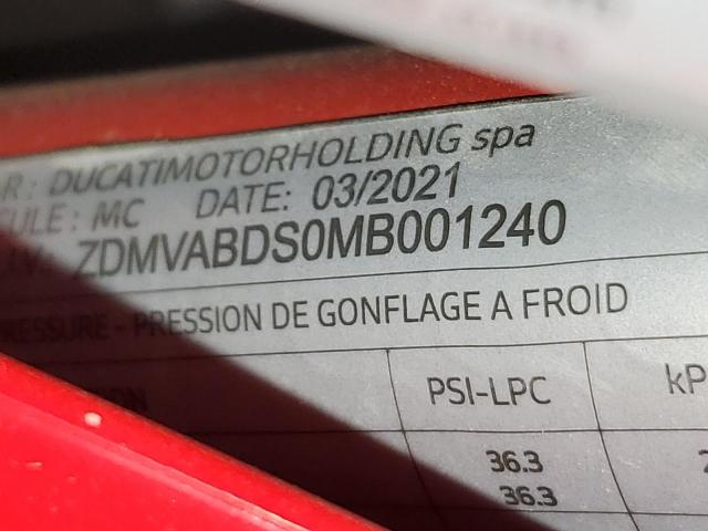 2021 Ducati Supersport მანქანა იყიდება აუქციონზე, vin: ZDMVABDS0MB001240, აუქციონის ნომერი: 84804485
