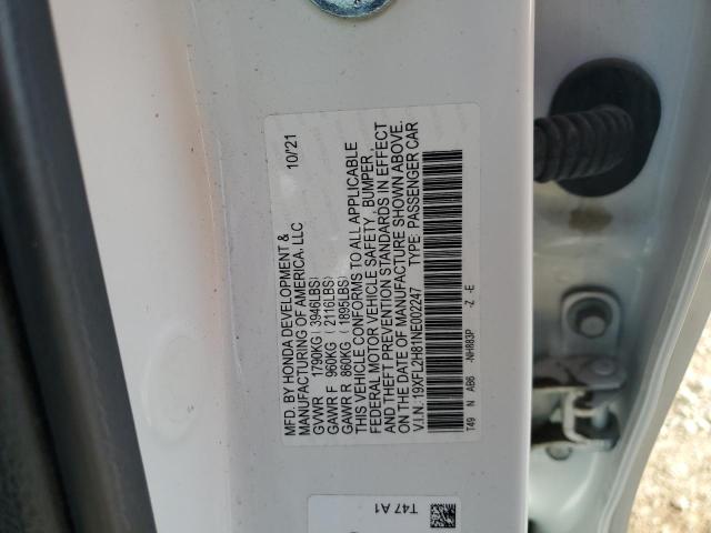 2022 Honda Civic მანქანა იყიდება აუქციონზე, vin: 19XFL2H81NE002247, აუქციონის ნომერი: 89860275