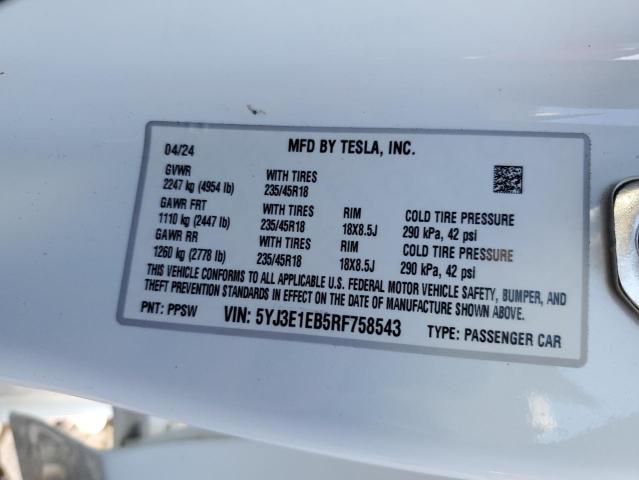 86678325 :رقم المزاد ، 5YJ3E1EB5RF758543 vin ، 2024 Tesla Model 3 مزاد بيع