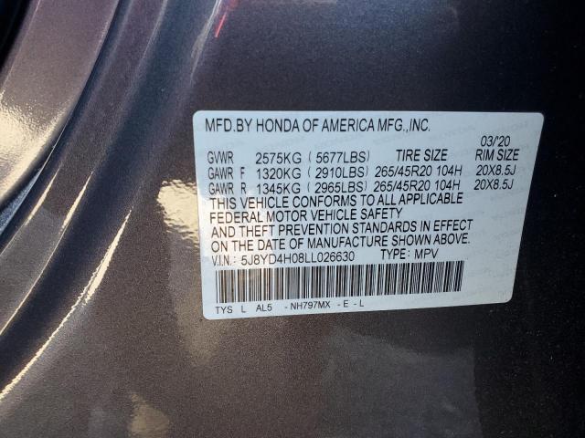 86219685 :رقم المزاد ، 5J8YD4H08LL026630 vin ، 2020 Acura Mdx مزاد بيع