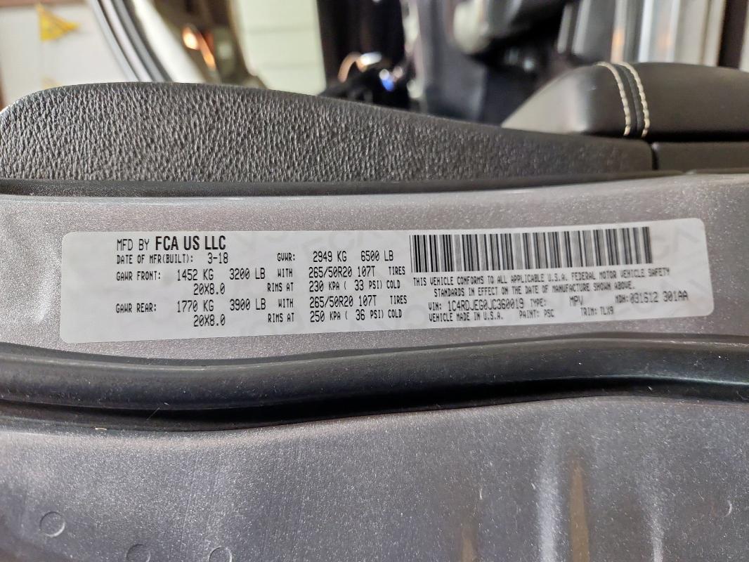 49641586 :رقم المزاد ، 1C4RDJEG0JC360019 vin ، 2018 Dodge Durango مزاد بيع