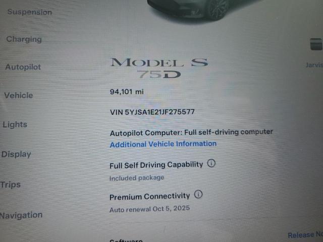 2018 Tesla Model S მანქანა იყიდება აუქციონზე, vin: 5YJSA1E21JF275577, აუქციონის ნომერი: 81880895