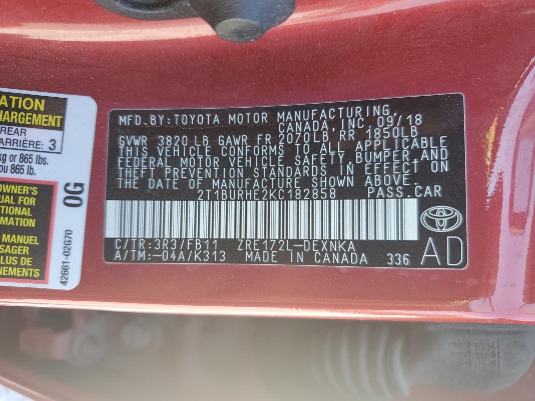 Aukcja sprzedaży 2019 Toyota Corolla, vin: 2T1BURHE2KC182858, numer aukcji: 86804915
