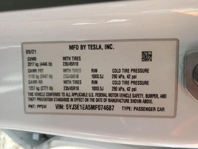 Продажа на аукционе авто 2021 Tesla Model 3, vin: 5YJ3E1EA5MF074687, номер лота: 87112975