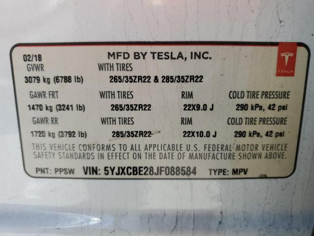 2018 Tesla Model X მანქანა იყიდება აუქციონზე, vin: 5YJXCBE28JF088584, აუქციონის ნომერი: 89918805