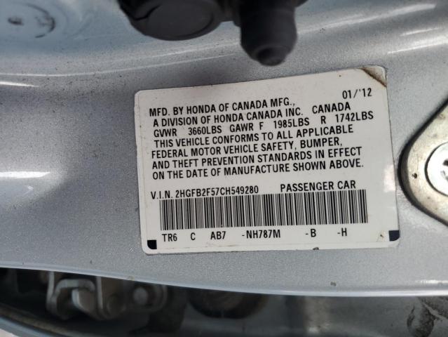 2012 Honda Civic მანქანა იყიდება აუქციონზე, vin: 2HGFB2F57CH549280, აუქციონის ნომერი: 89678715