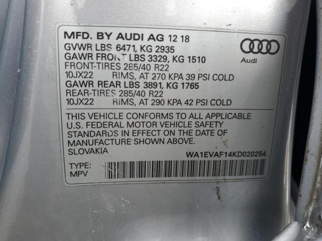 2019 Audi Q8 მანქანა იყიდება აუქციონზე, vin: WA1EVAF14KD020254, აუქციონის ნომერი: 82489725
