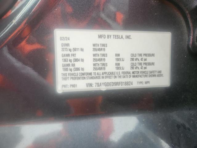 2024 Tesla Model Y მანქანა იყიდება აუქციონზე, vin: 7SAYGDED9RF018824, აუქციონის ნომერი: 89921355