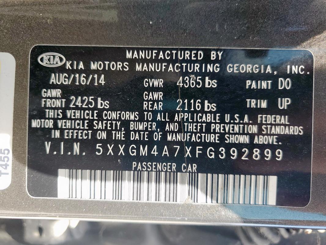 2015 Kia Optima მანქანა იყიდება აუქციონზე, vin: 5XXGM4A7XFG392899, აუქციონის ნომერი: 84475145