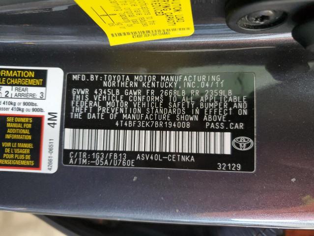 2011 Toyota Camry Base მანქანა იყიდება აუქციონზე, vin: 4T4BF3EK7BR194008, აუქციონის ნომერი: 87397255