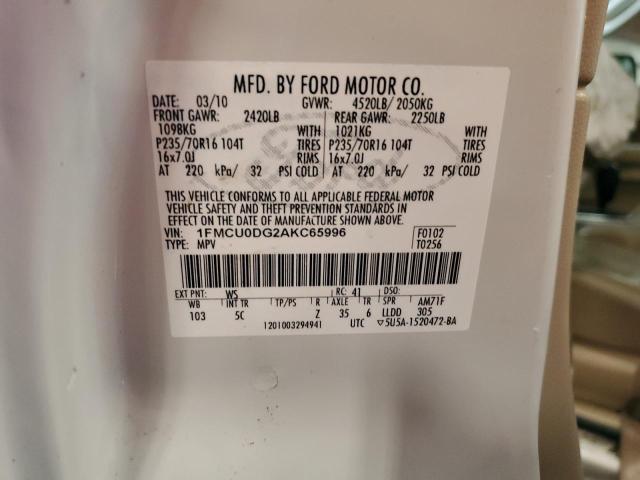 89707075 :رقم المزاد ، 1FMCU0DG2AKC65996 vin ، 2010 Ford Escape مزاد بيع