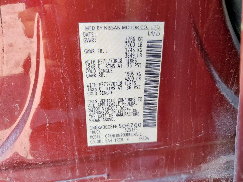 Aukcja sprzedaży 2015 Nissan Titan, vin: 1N6BA0EC8FN506760, numer aukcji: 85109655