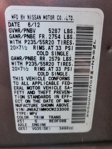 Aukcja sprzedaży 2012 Nissan Murano S, vin: JN8AZ1MW0CW233008, numer aukcji: 89858435