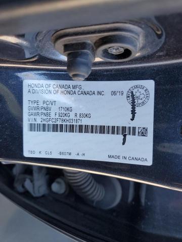 2019 Honda Civic მანქანა იყიდება აუქციონზე, vin: 2HGFC2F78KH031871, აუქციონის ნომერი: 89625125