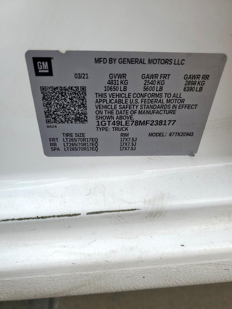 2021 Gmc Sierra მანქანა იყიდება აუქციონზე, vin: 1GT49LE78MF238177, აუქციონის ნომერი: 87456025