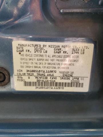 2001 Nissan Sentra მანქანა იყიდება აუქციონზე, vin: 3N1BB51D71L112870, აუქციონის ნომერი: 89562545