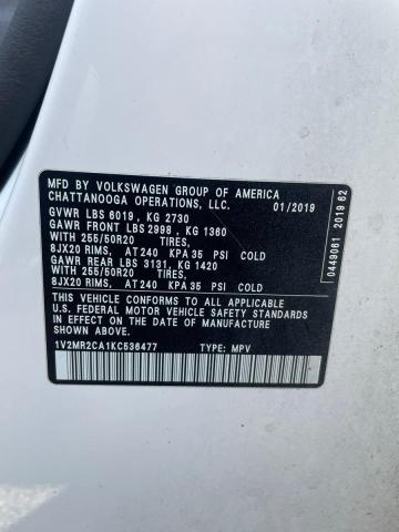 2019 Volkswagen Atlas Sel მანქანა იყიდება აუქციონზე, vin: 1V2MR2CA1KC536477, აუქციონის ნომერი: 85948135