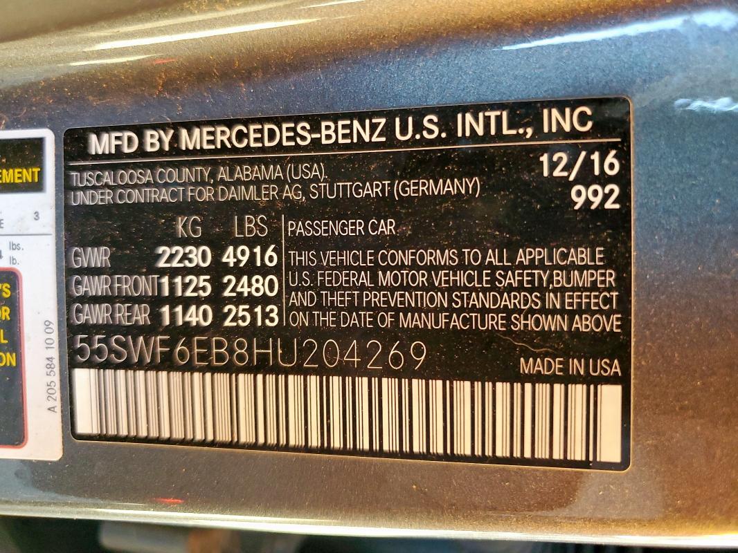 Продажа на аукционе авто 2017 Mercedes-benz C, vin: 55SWF6EB8HU204269, номер лота: 90988085