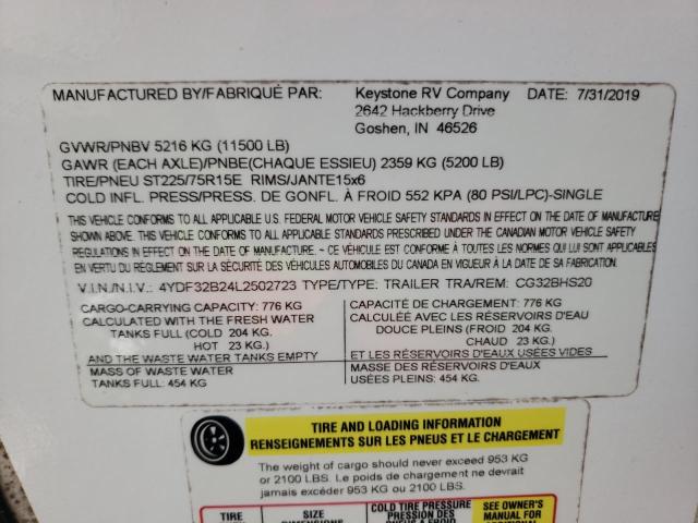 2020 Keystone Rv Cougar Series M-32 B მანქანა იყიდება აუქციონზე, vin: 4YDF32B24L2502723, აუქციონის ნომერი: 85538555