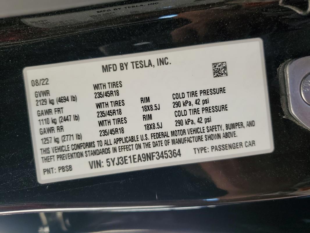 2022 Tesla Model 3 მანქანა იყიდება აუქციონზე, vin: 5YJ3E1EA9NF345364, აუქციონის ნომერი: 90088695