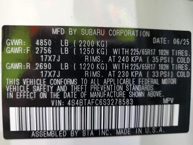 2025 Subaru Outback Pr მანქანა იყიდება აუქციონზე, vin: 4S4BTAFC6S3278583, აუქციონის ნომერი: 89458495