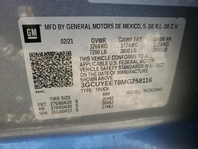 82508625 :رقم المزاد ، 3GCUYEET8MG258116 vin ، 2021 Chevrolet Silverado K1500 Rst مزاد بيع