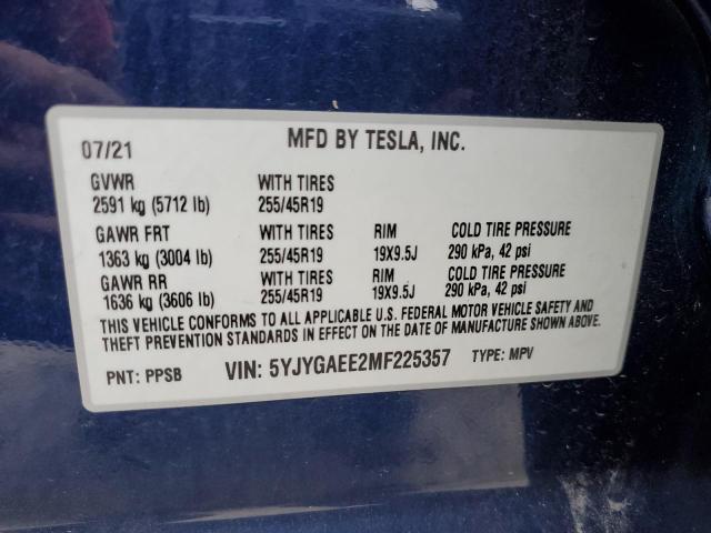 2021 Tesla Model Y მანქანა იყიდება აუქციონზე, vin: 5YJYGAEE2MF225357, აუქციონის ნომერი: 89530115