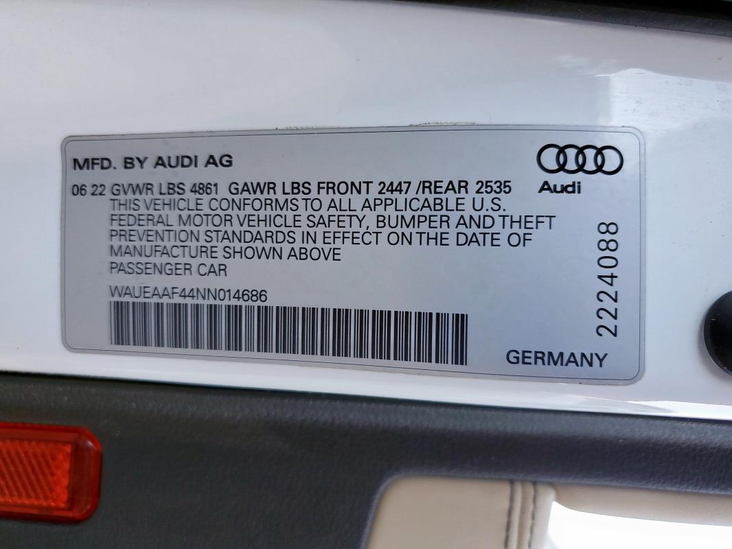 Aukcja sprzedaży 2022 Audi A4, vin: WAUEAAF44NN014686, numer aukcji: 90233435