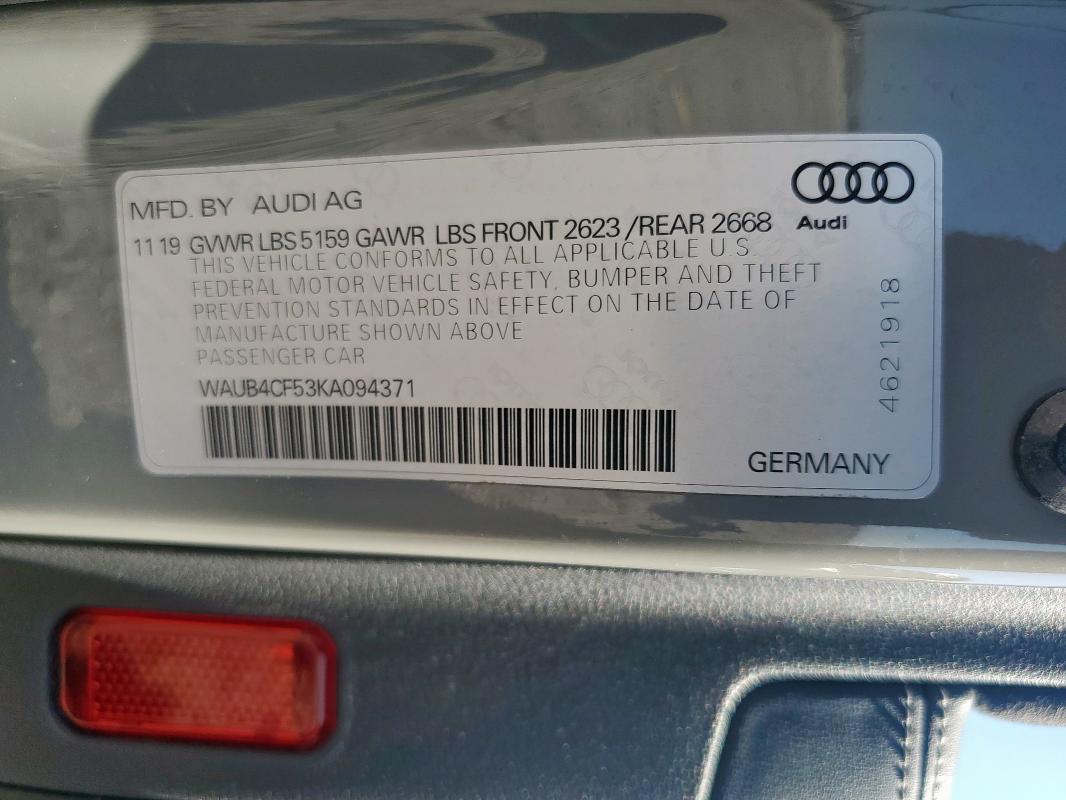 82173755 :رقم المزاد ، WAUB4CF53KA094371 vin ، 2019 Audi S5 Premium Plus مزاد بيع