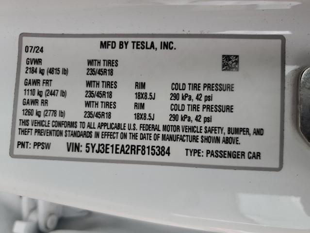 2024 Tesla Model 3 მანქანა იყიდება აუქციონზე, vin: 5YJ3E1EA2RF815384, აუქციონის ნომერი: 90086675