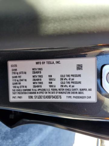 2025 Tesla Model 3 მანქანა იყიდება აუქციონზე, vin: 5YJ3E1EA9SF943076, აუქციონის ნომერი: 85401885