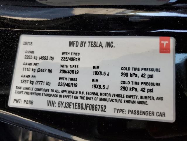 2018 Tesla Model 3 მანქანა იყიდება აუქციონზე, vin: 5YJ3E1EB0JF086752, აუქციონის ნომერი: 90948005