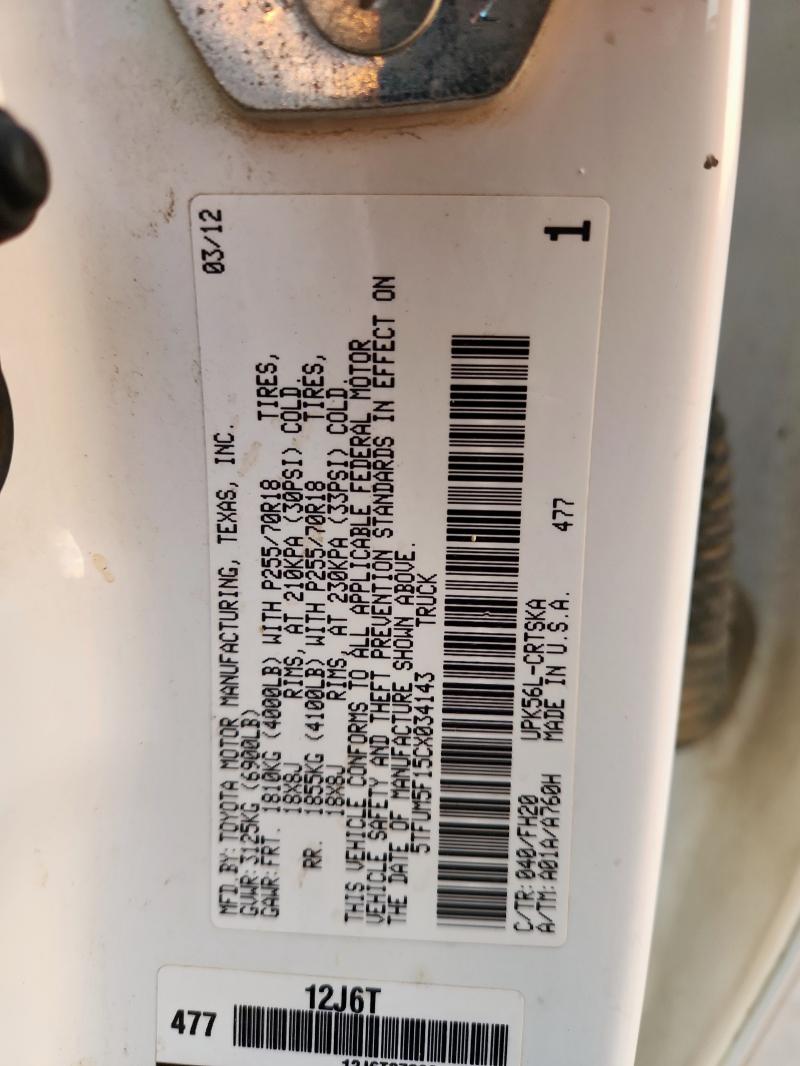 Продажа на аукционе авто 2012 Toyota Tundra Double Cab Sr5, vin: 5TFUM5F15CX034143, номер лота: 85382015