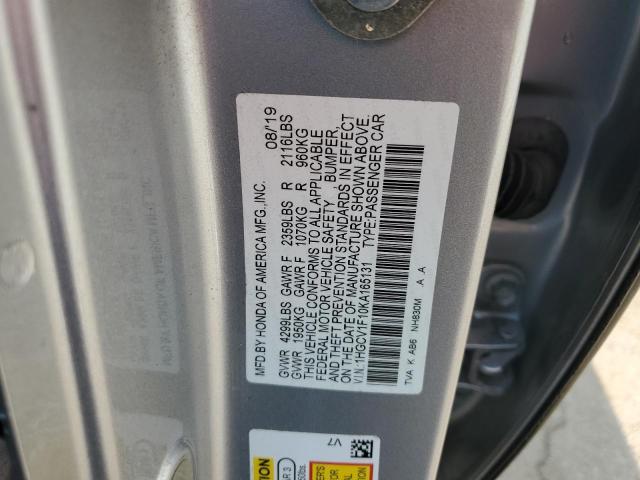 85193035 :رقم المزاد ، 1HGCV1F10KA165131 vin ، 2019 Honda Accord مزاد بيع