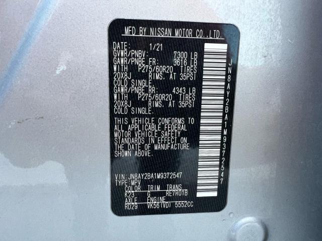 2021 Nissan Armada Sl მანქანა იყიდება აუქციონზე, vin: JN8AY2BA1M9372547, აუქციონის ნომერი: 85869075