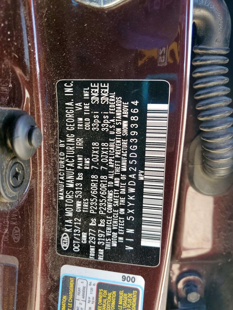 90264175 :رقم المزاد ، 5XYKWDA25DG393864 vin ، 2013 Kia Sorento مزاد بيع
