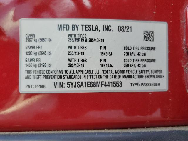 Продажа на аукционе авто 2021 Tesla Model S, vin: 5YJSA1E68MF441553, номер лота: 86866585